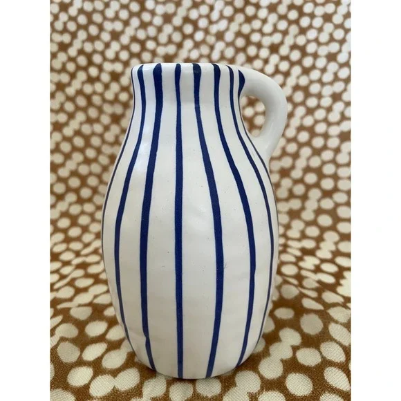 Ikea White Ceramic Pitcher Vase with Blue Stripes Scandinavian Modern Decor‎