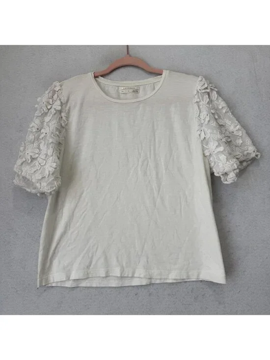 Anthropologie Shirt Womens 12 White Embroidered Sheer Puff Sleeve Jersey Top