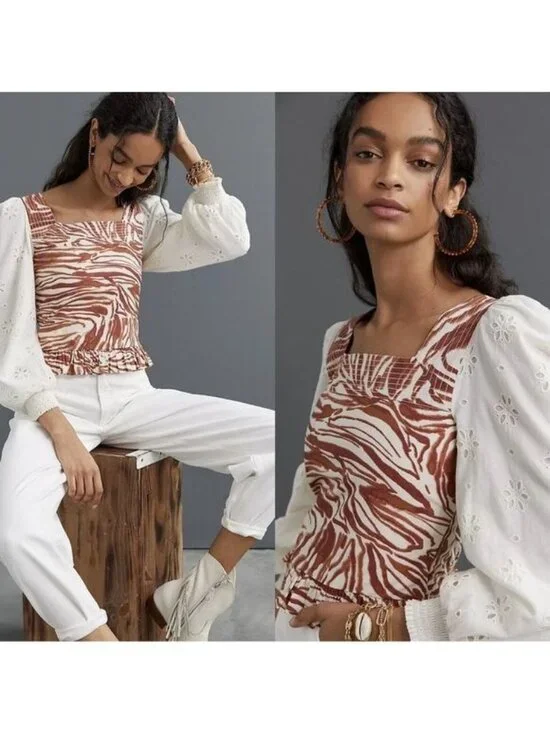 Anthropologie Love The Label Puff Sleeve Eyelet Smocked Blouse Size XXS Petite
