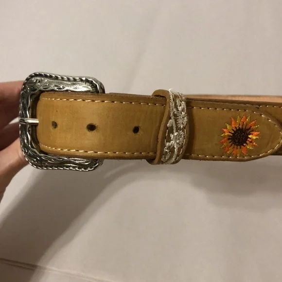 Sunflower Embroidered Leather Belt with Large Silver Western Buckle
