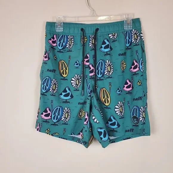 Neff Green Peace Mushroom Print Swim Trunks Size medium