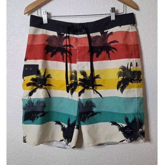 Rip Curl Palm Print Board Shorts 31 Striped Surf Swim‎ Trunks Beach Vacation