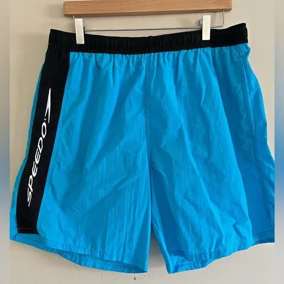 Vintage 90s Speedo Swim Trunks Blue Black Nylon Shorts Unisex Large