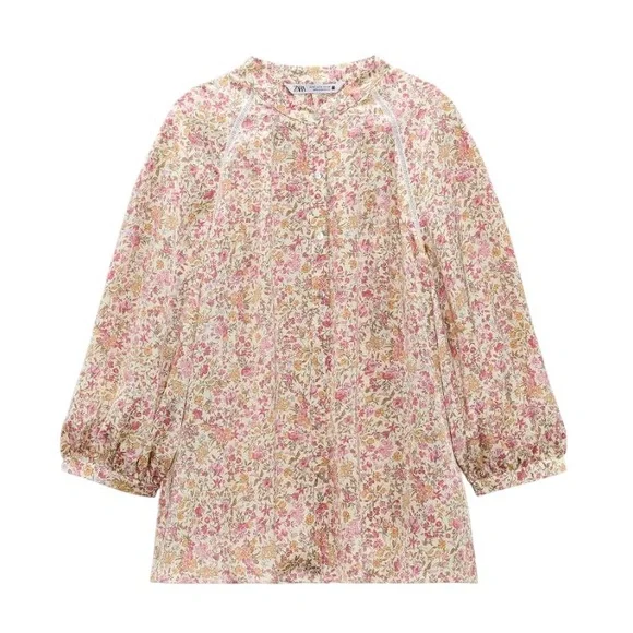 Zara Cream Pink Floral Print Satin 3/4 Puff Sleeve Lace Button Down Blouse - S