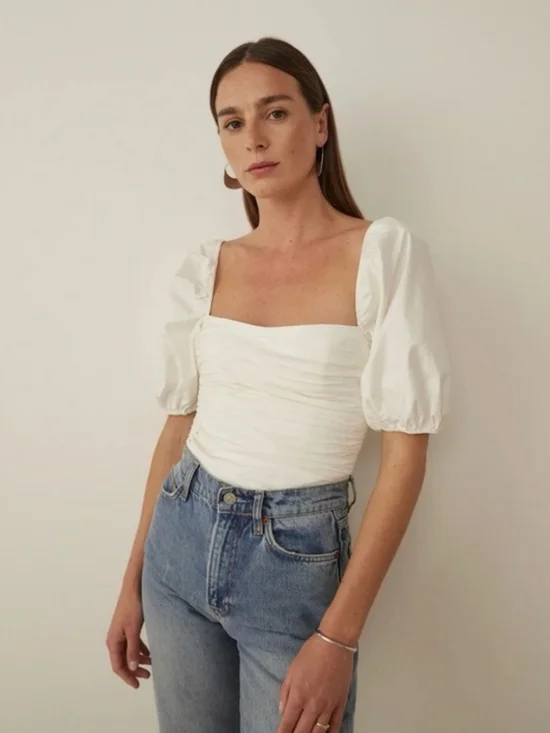 Square Neck Puff Sleeve Top in White, Size 2