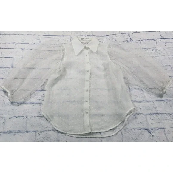 ZARA Blogger Favorite WOMENS XS Swiss Dot Blouse Top Sheer Puff Sleeve