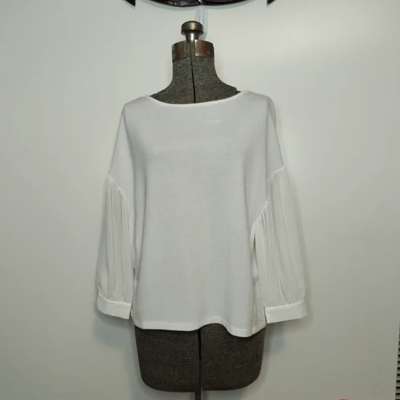 Zara Collection white romantic sheer 3/4 puff sleeve top
