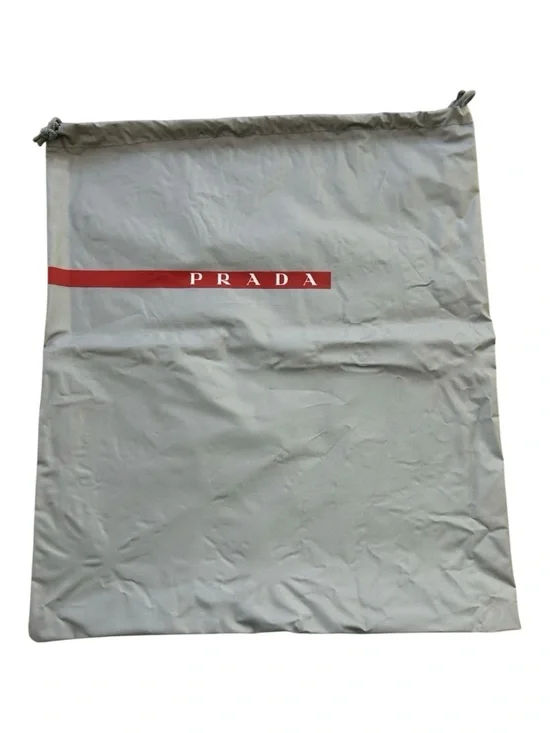 Prada Vinyl Dust Storage Bag Silver Gray with Red Logo Drawstring 15” X 13”