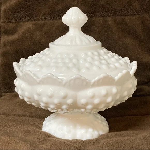 Fenton White Hobnail Candy Jar Footed Glass Dish 6.75” X 6.5” Made 1968-1989 USA