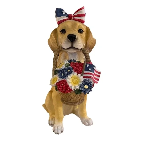 Americana Patriotic 4th Of July Patriotic Puppy Dog Flag Bow Holding Basket 16