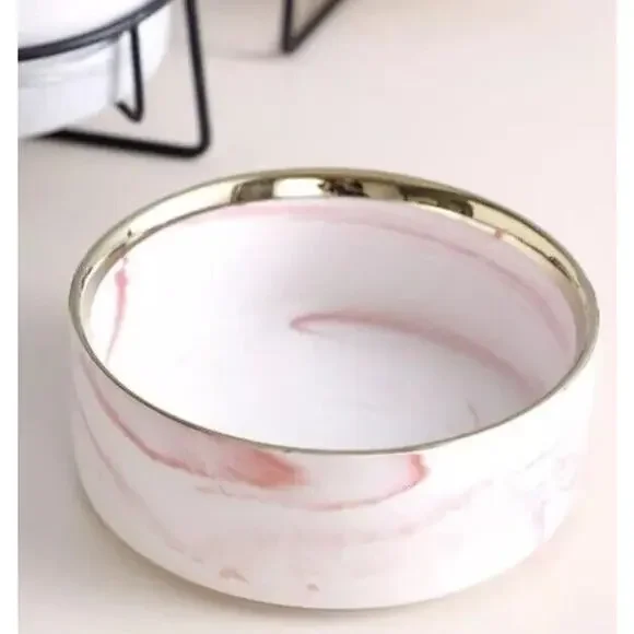 Pink White Marble Swirl Pet Bowl Water Food Dog Ceramic
