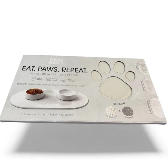 Wild & Woofy Double Bowl Diatomite Pet Mat in cream NEW