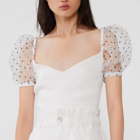 Zara White Cropped Top with Polka Dot Sheer Puff Sleeves