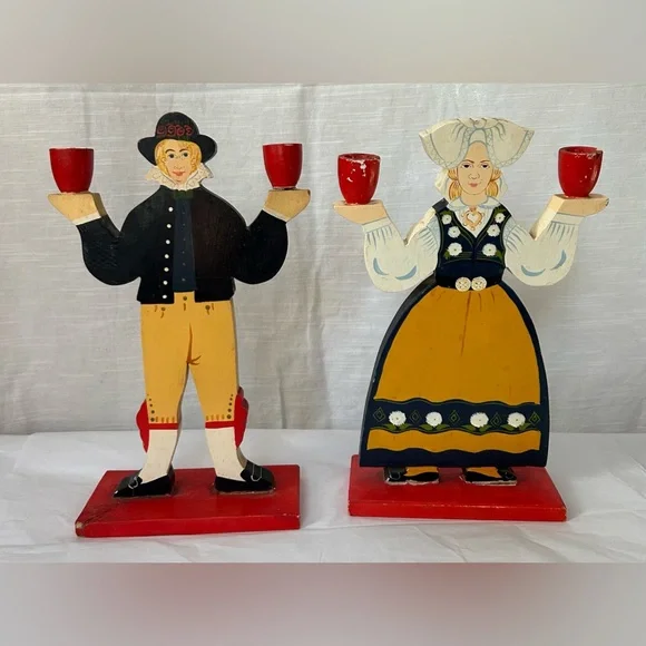 Vintage 1980's IKEA Lizzy Velander Swedish Folk Art Wooden Candle Holders