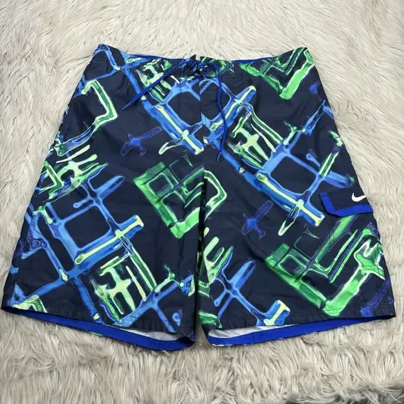 Nike Men's L Geo Printed Cargo Swim Trunks Shorts Blue Green