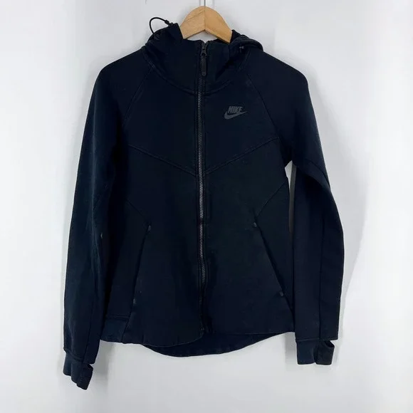 Nike Tech Fleece Full Zip Hoodie Black Women Sporty Scuba Hood Jacket Thumbholes