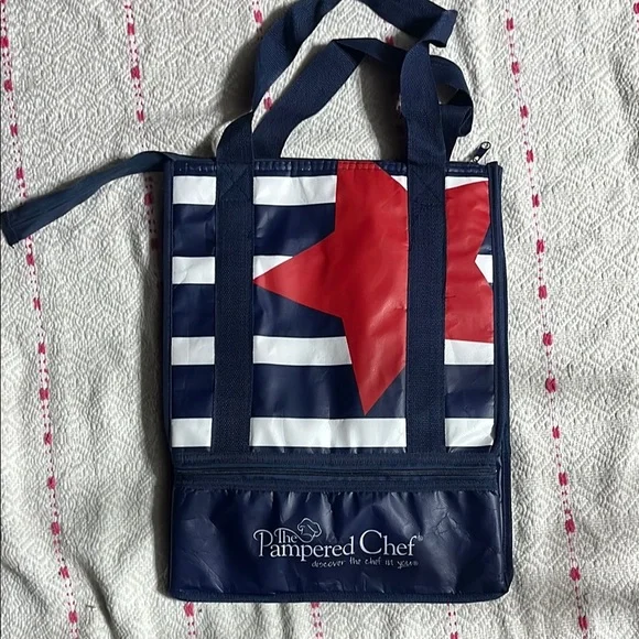The Pampered Chef Blue and Red Striped Tote