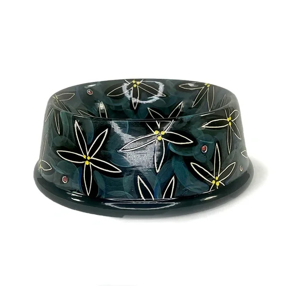 Dark Green Flowered Handmade Ceramic Vintage Dog Bowl