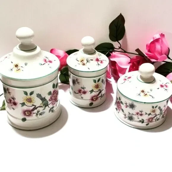 James Kent Old Foley Chinese Rose Set of 3 Covered Floral Jars