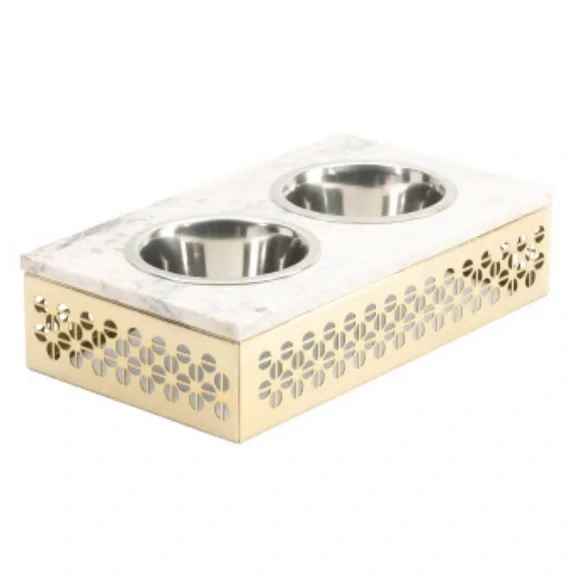 BNWT Dezaro Marble & Gold Large Double Bowl Dog Pet Feeder
