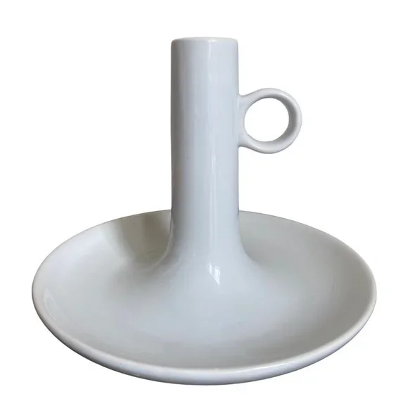 Vintage Ikea Bjorkefall White Ceramic Candle Stick Holder Drip Pan Handle 6 x 7