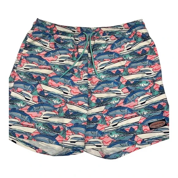Vineyard Vines Men's L Swim Trunks Fish Print Drawstring Lined‎ Pockets Blue