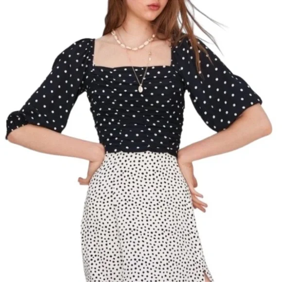 Zara Draped Polka Dot Ruched Puff Balloon Sleeve Square Neck Crop Top | Size S