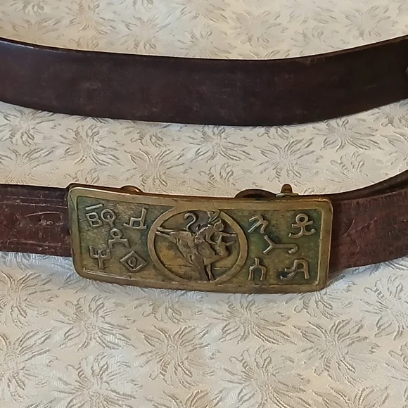 Vintage Brown Leather Belt with Brass Buckle