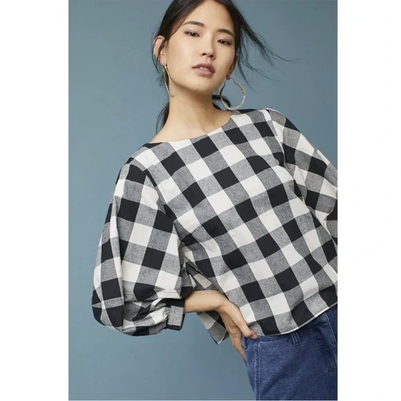 Anthropologie Sunday in Brooklyn Buffalo Plaid Gingham Balloon Sleeve Blouse XXS