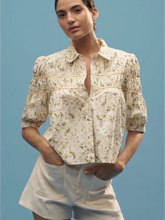 Anthropologie Cream Floral Puff-Sleeve Button-Up Blouse