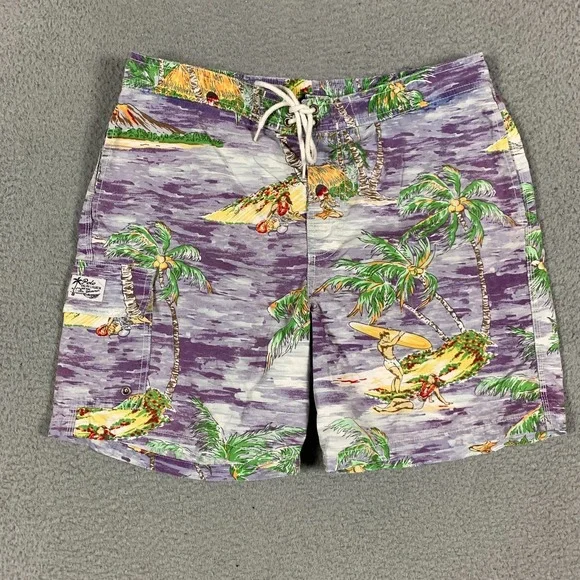 Polo Ralph Lauren Swim Board Shorts Mens Medium Purple Palm Tree Hawaiian Surfer
