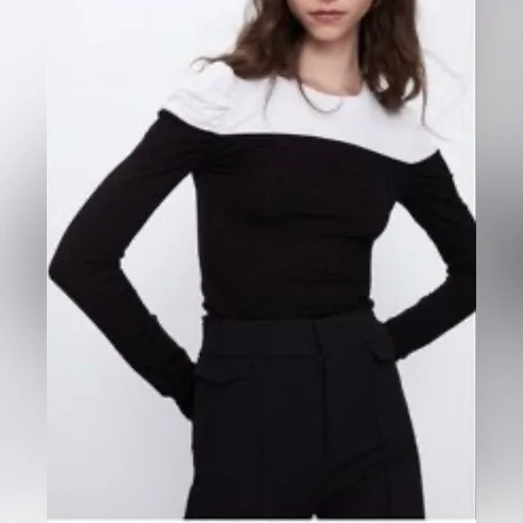 Zara Ribbed Puff Long Sleeve Black White Colorblock Contrast Top size S
