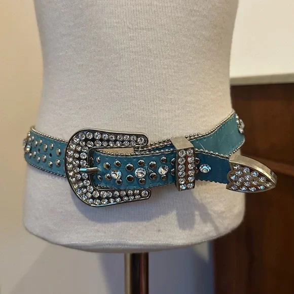 Turquoise leather studded rhinestone belt child size 20-23in waist