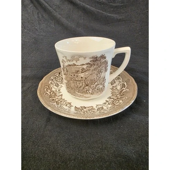 J&G Meakin Stratford Stage Brown Transferware Tea Cup and Saucer Set England
