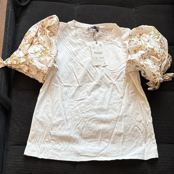 Zara Cream Blouse with Floral Sleeves