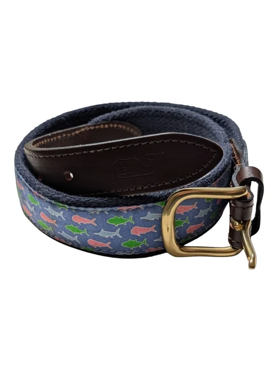 Vineyard Vines Kids Navy Fish Print Belt with Brass Buckle