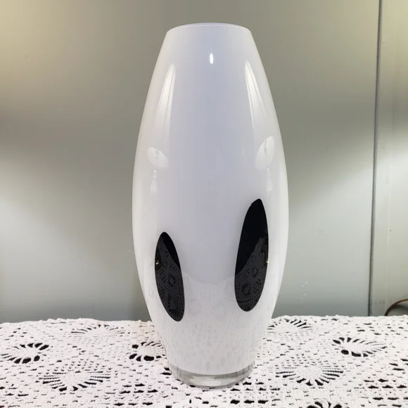 Vintage Ikea White Vase with Black Decorative Oval Hand Made Quality Modern