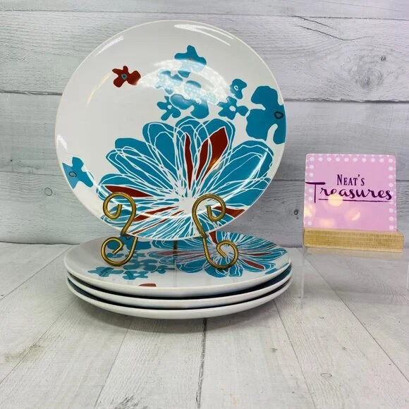Ikea BULLRA 15199 Turquoise Red Floral Round Stoneware Dinner Plates Set of 4