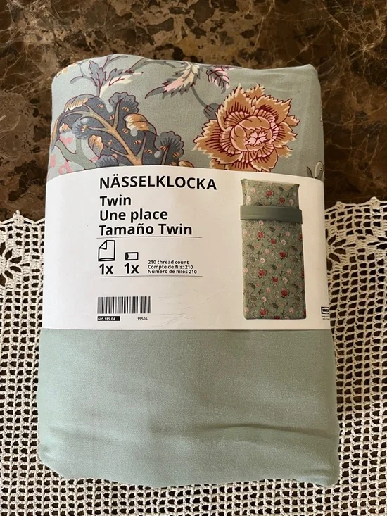 🆕 IKEA NÄSSELKLOCKA Green Floral 210 Thread Count Twin Duvet Cover 2-Pc Set