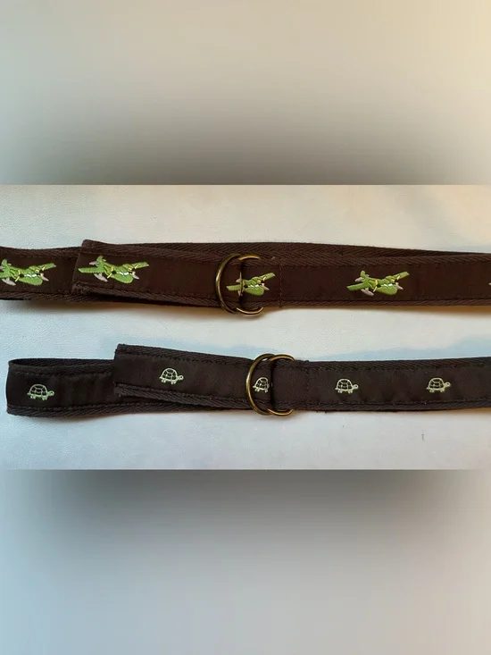 Brown Embroidered Turtle & Airplane Fabric Belt Duo