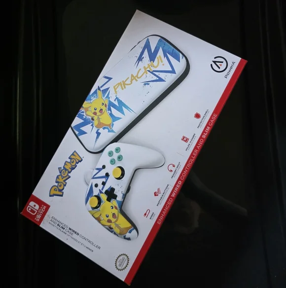 Pikachu Themed White Wired Game Controller with Matching Carry Case
