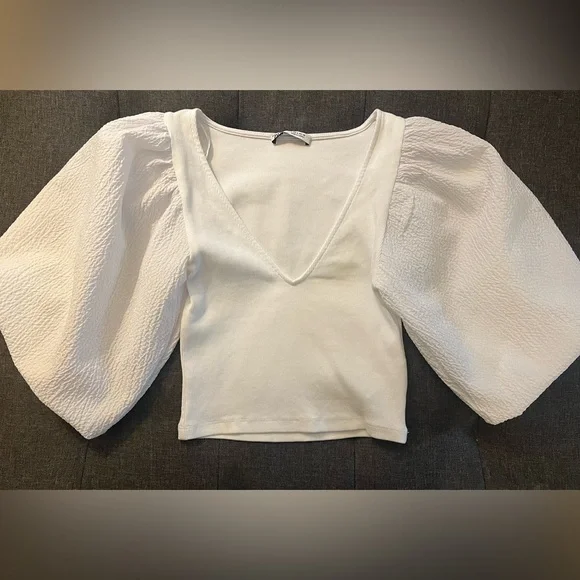 Zara White Puff Sleeve Top XS/S