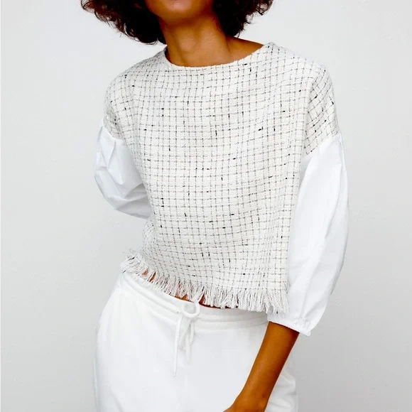 Zara Contrast Textured Tweed and Poplin Top. Size XS