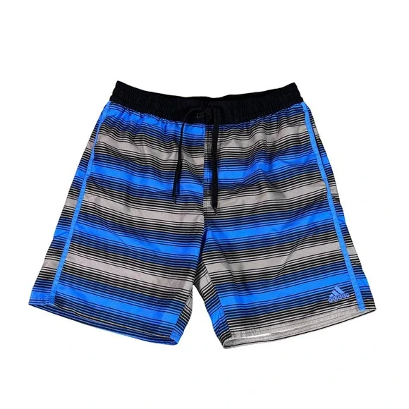 Y2K Adidas Mens Board Shorts Blue Gray Stripe Drawstring Waist XL