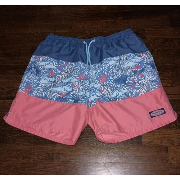 Vineyard Vines Swim Trunks Mens Large Fish Coral Pattern Blue Pink Striped Lined