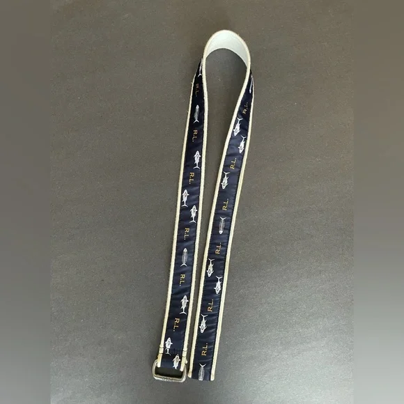Ralph Lauren Polo Youth Belt Sharks Fish Bones Ribbon Double D Ring 33