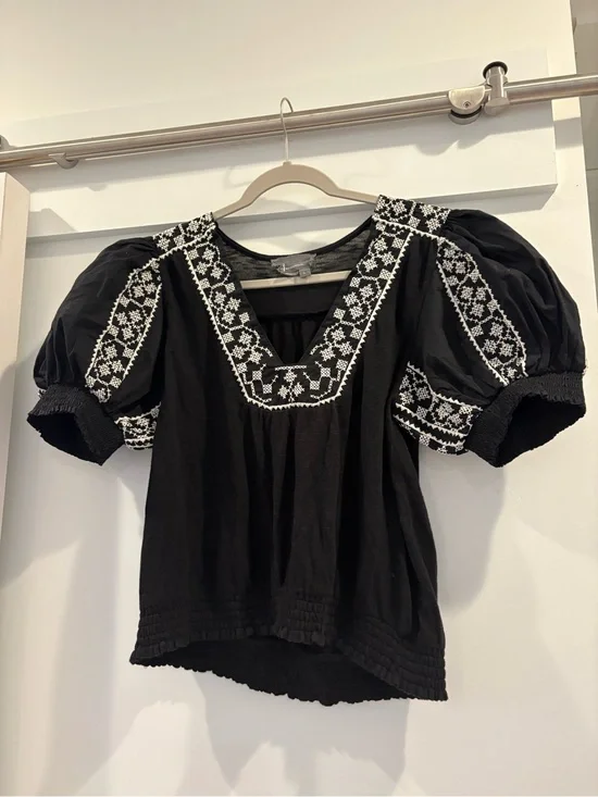 Anthropologie Black Puff-Sleeve Embroidered Blouse