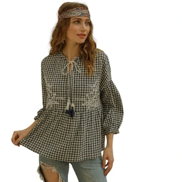 ZARA Trafaluc Gingham Coquette Cottagecore Bohemian Embroidered Babydoll Top M