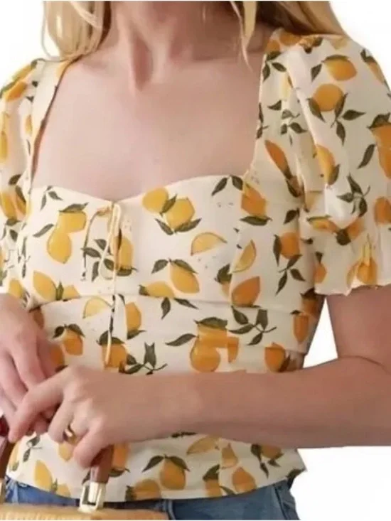 Reformation Cream Lemon Print Puff Sleeve Blouse