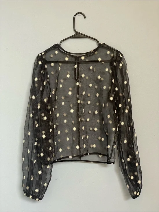 Zara Black Sheer Blouse with Cream Dot Embroidery